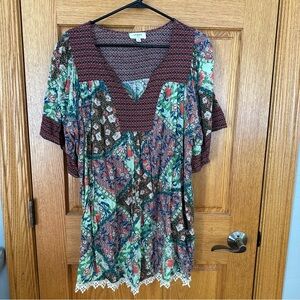 Umgee Boho Patchwork Lace Hem Tunic Top, Size L